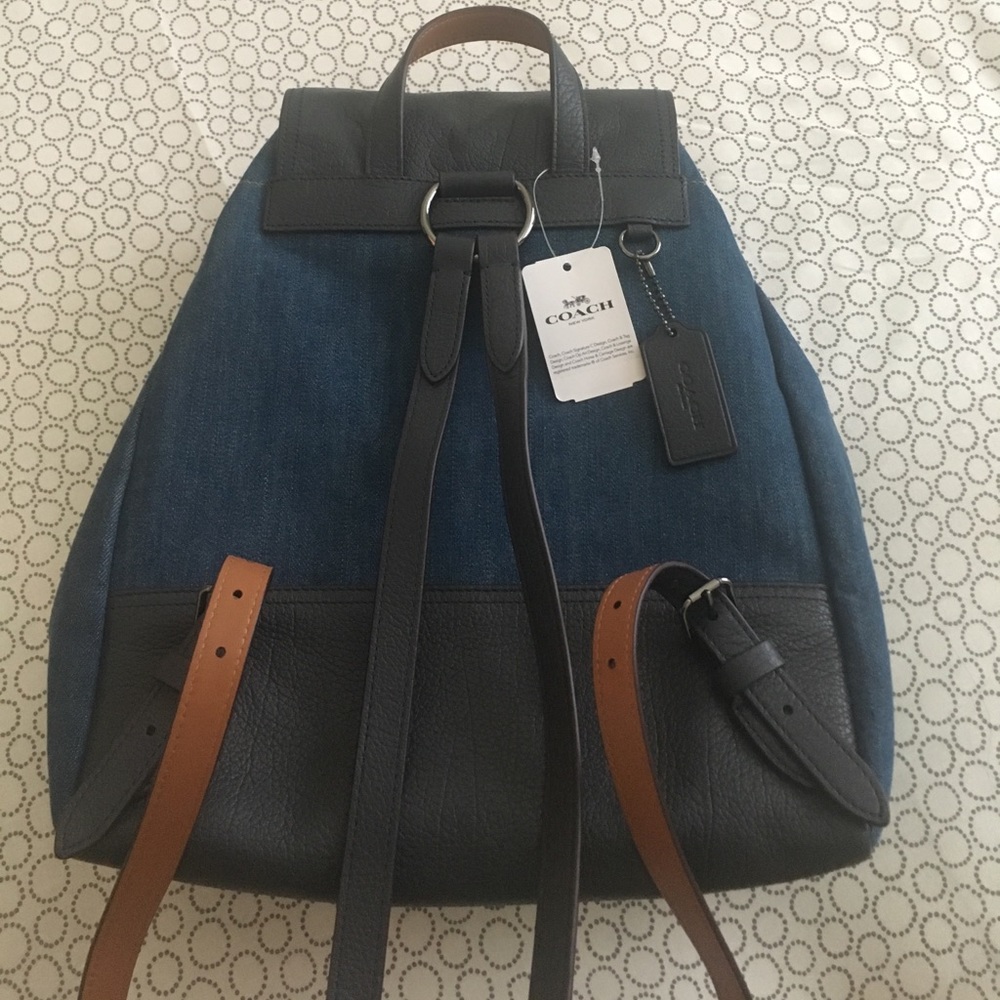 SOLD Coach Book Bag Purse Backpack Leather & Denim - Picture 2 of 8
